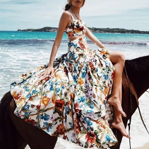 Bohemian gypsy floral print crop top maxi skirt Set - Picture 6 of 12